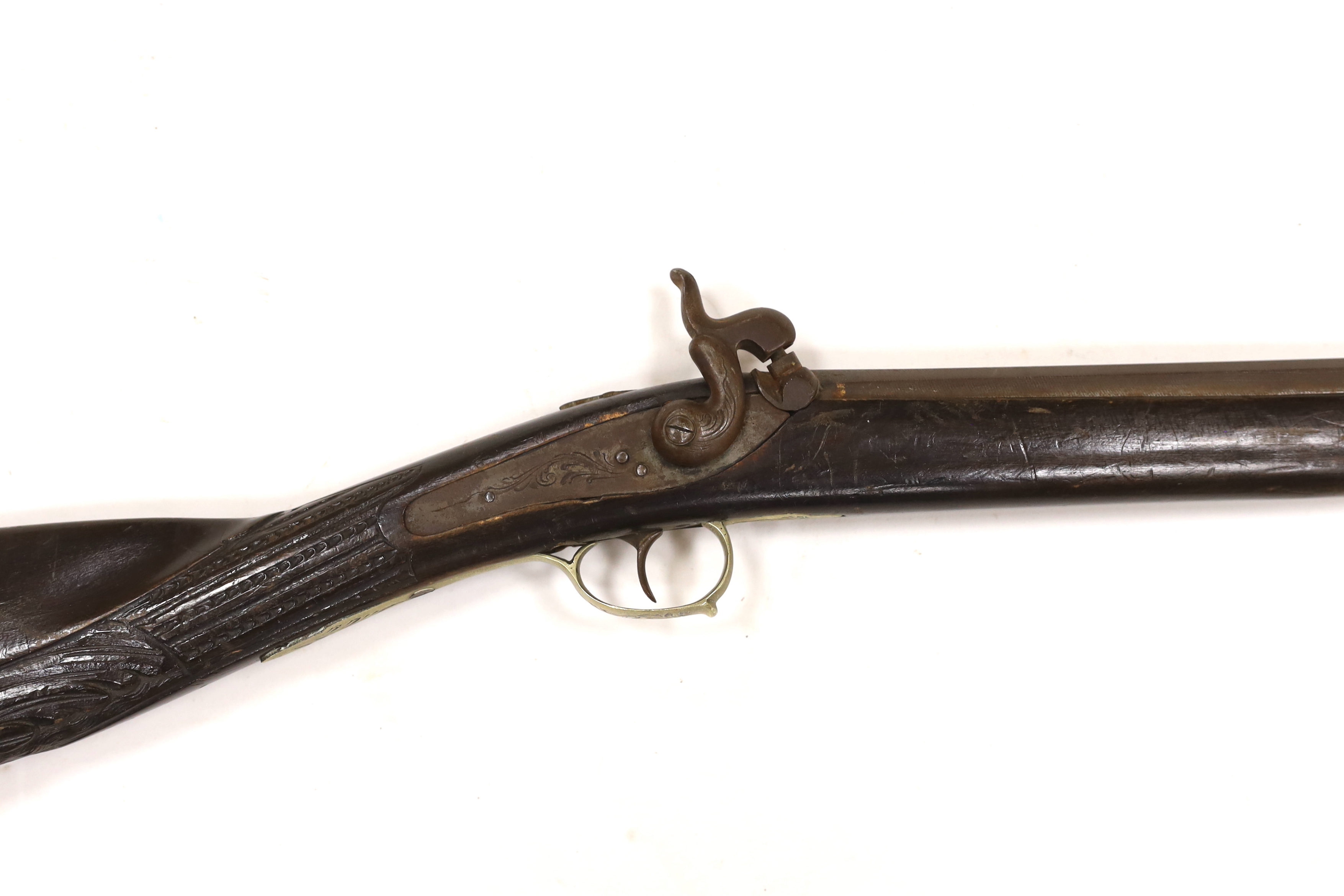 A Belgian back action percussion sporting gun made for the South American market c.1900, with engraved nickel furniture and half stocked barrel, barrel 82cm